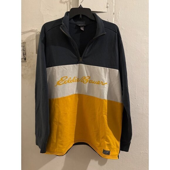 Eddie Bauer Men's Pullover 1/4 Zip Color block & Spell out Sweatshirt Size Large - Picture 1 of 13